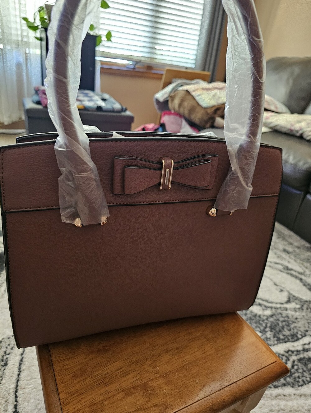 Structured Bow Accent Women's Handbag in Mauve 13" X 11.5 Tall